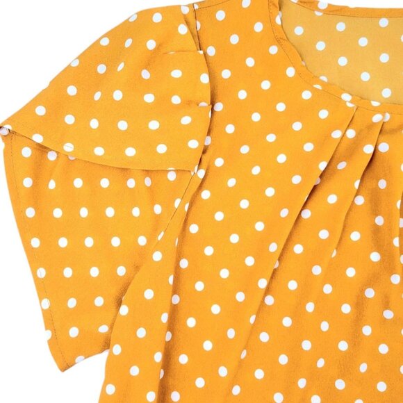Women's Plus 2X Yellow Polka Dot Flutter Sleeve Blouse - Round Tiered Neckline - Picture 9 of 12